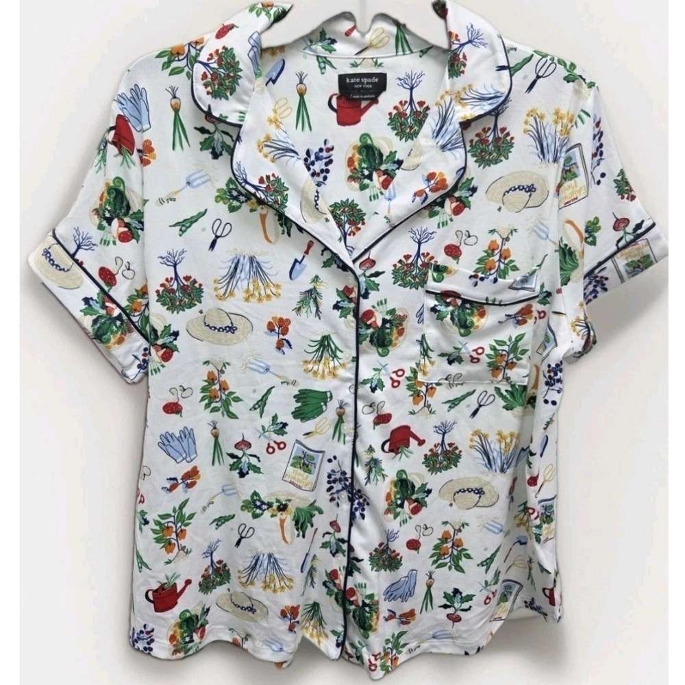 Kate Spade New York Garden Print Pajama Set Short Sleeve Shorts White Size L